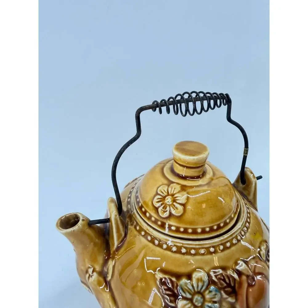 Vintage Brown Ceramic Teapot w Metal Handle Embossed Fruit Floral Rustic Decor